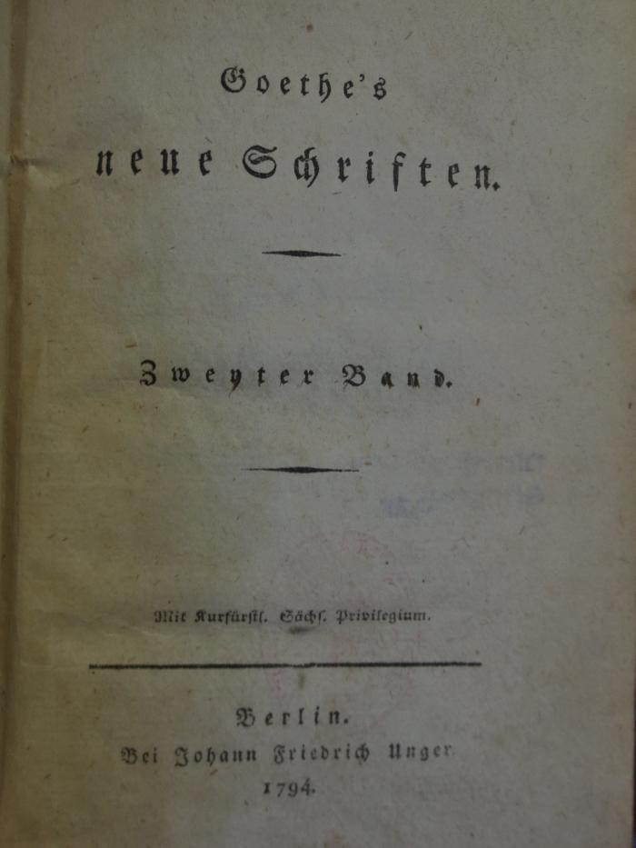 Cl 201 2, 2. Ex.: Goethe's Neue Schriften : Zweyter Band (1794)