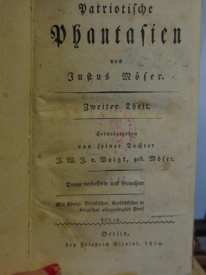 Cl 258 c 2: Patriotische Phantasien : von Justus Möser : Zweiter Theil (1804);- (unbekannt), Stempel: -. ;- (unbekannt), Von Hand: Nummer; '90714.'. 