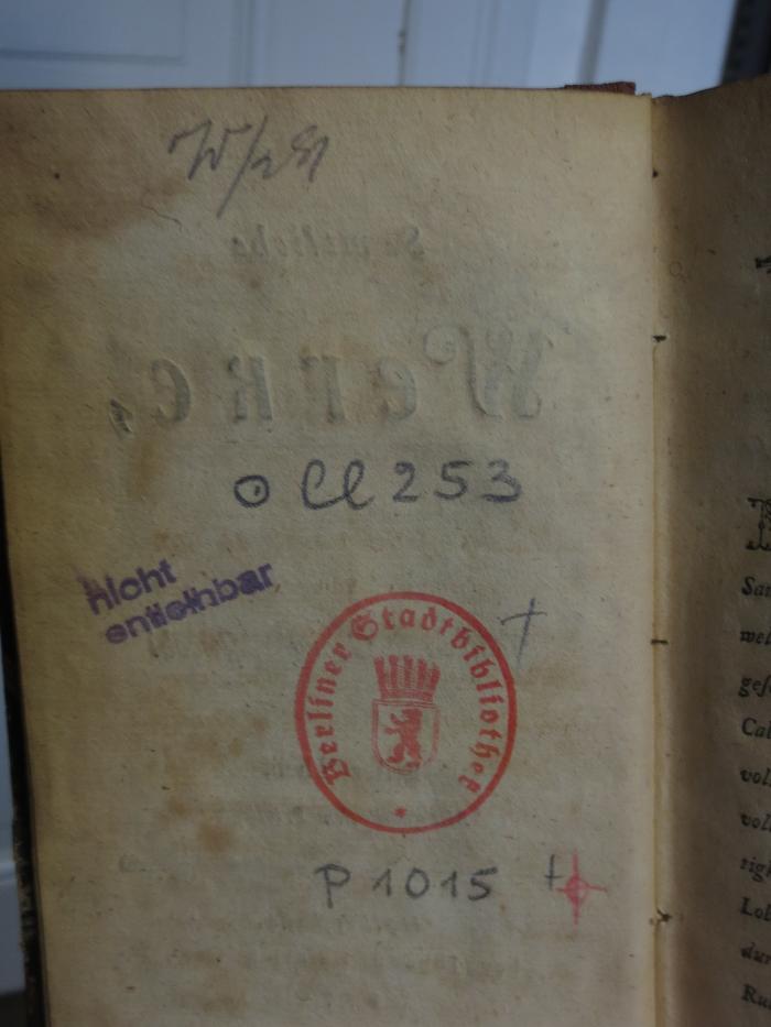 Cl 253: Saemtliche Werke : von Johann Georg Jacobi :  Erster Theil (1770);- (unbekannt), Von Hand: Notiz; 'W/nv'. 