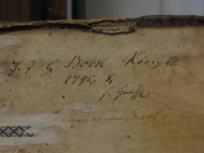 Cl 336: Gesamlete Poetische Schriften : Bestehend aus Staats-Trauer-und Hochzeit-Gedichten : Mit einer Vorrede, Herrn de Clerc übresetzen Gedancken von der Poesie und Zugabe einiger Gedichte (1725);- (Bock, I. J. G.;Gressl[?], [?]), Von Hand: Widmung, Name, Datum; 'I. J. G. Bock Köngsl.
1740. 8.
f. Gressl'. 