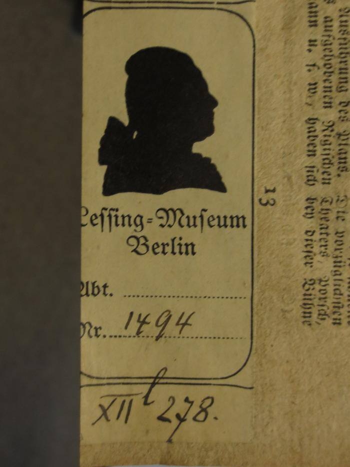 Cl 377: Ruthenia : oder Fünfter Jahrgang der St. Petersburgschen Monatssschrift (um 1809);- (Lessing-Museum (Berlin)), Von Hand: Signatur; '1494
XII l 278.'. 