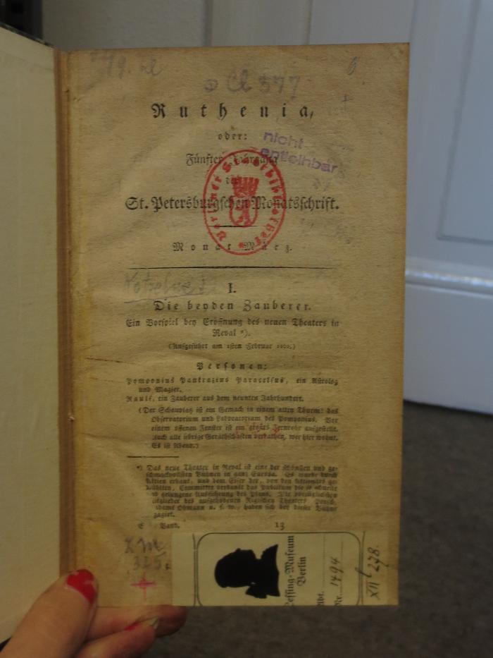 Cl 377: Ruthenia : oder Fünfter Jahrgang der St. Petersburgschen Monatssschrift (um 1809);- (unbekannt), Von Hand: Nummer; '24/9 Kl
6'. 