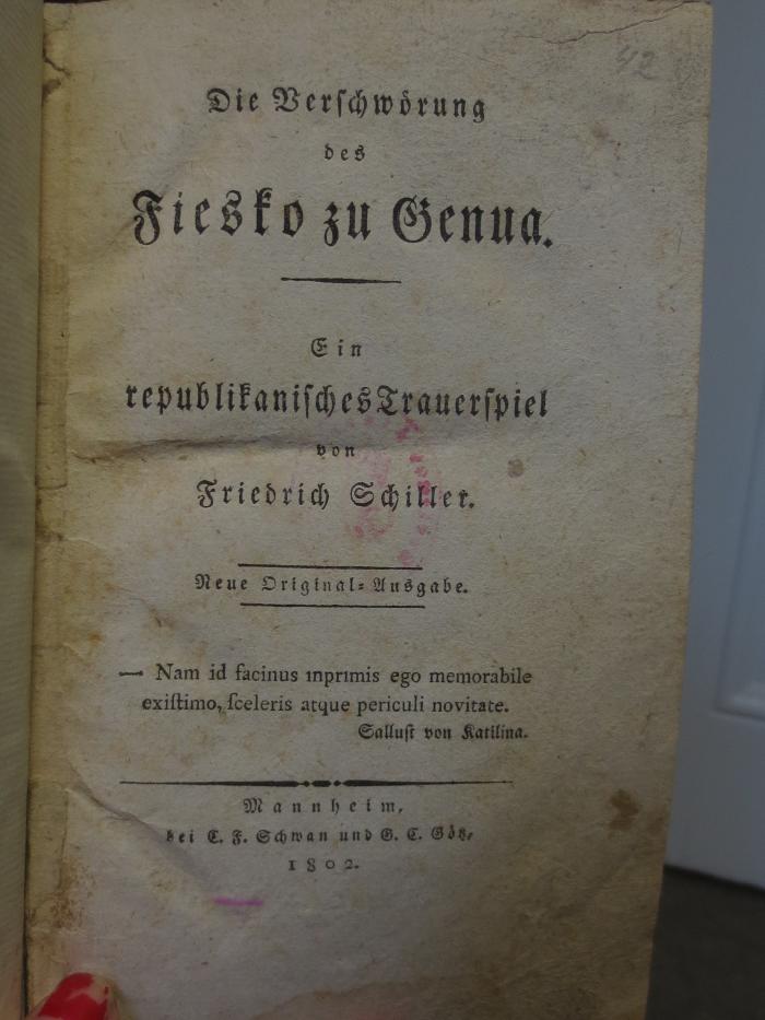Cl 376 1802: Die Verschwörung des Fiesko zu Genua : Ein republikanisches Trauerspiel (1802)