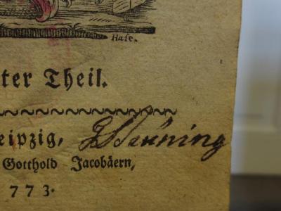 Cl 416 2: Deutsches Theater : Zweyter Theil (1773);- ([...]ning[?], G.[?]), Von Hand: Autogramm, Name; 'G[...]ning'. 