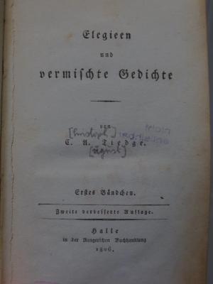 Cl 667 b,1: Elegien und vermischte Gedichte : Erstes Bändchen (1806)