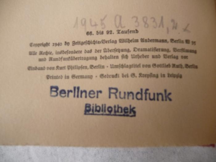 - (Berliner Rundfunk Bibliothek), Stempel: Ortsangabe, Name; 'Berliner Rundfunk Bibliothek'.  (Prototyp)