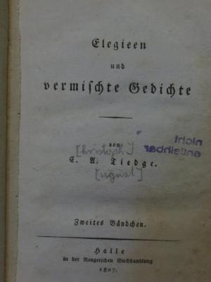 Cl 667 2: Elegien und vermischte Gedichte : Zweites Bändchen (1807)