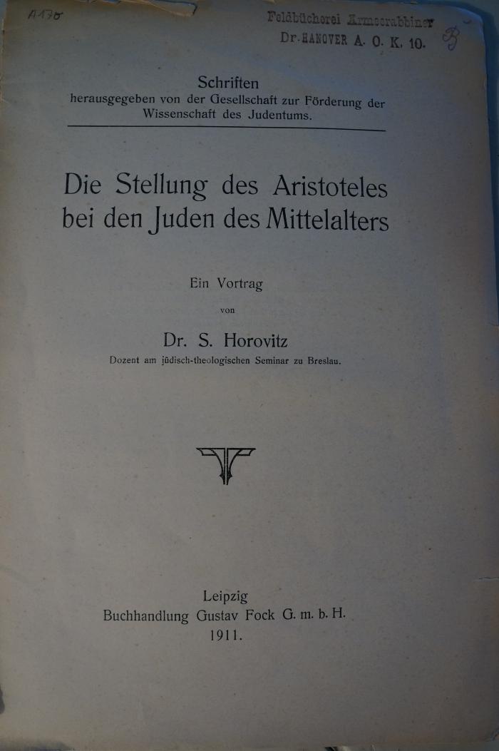 Asch4369 : Die Stellung des Aristoteles bei den Juden des Mittelalters (1911)