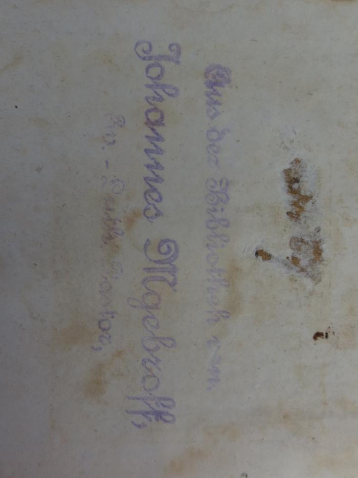 - (Mgebroff, Johannes), Stempel: Name, Berufsangabe/Titel/Branche; 'Aus der Bibliothek von Johannes Mgebroff, Ev.-Luth. Pastor,'.  (Prototyp)