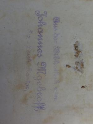 - (Mgebroff, Johannes), Stempel: Name, Berufsangabe/Titel/Branche; 'Aus der Bibliothek von Johannes Mgebroff, Ev.-Luth. Pastor,'.  (Prototyp)