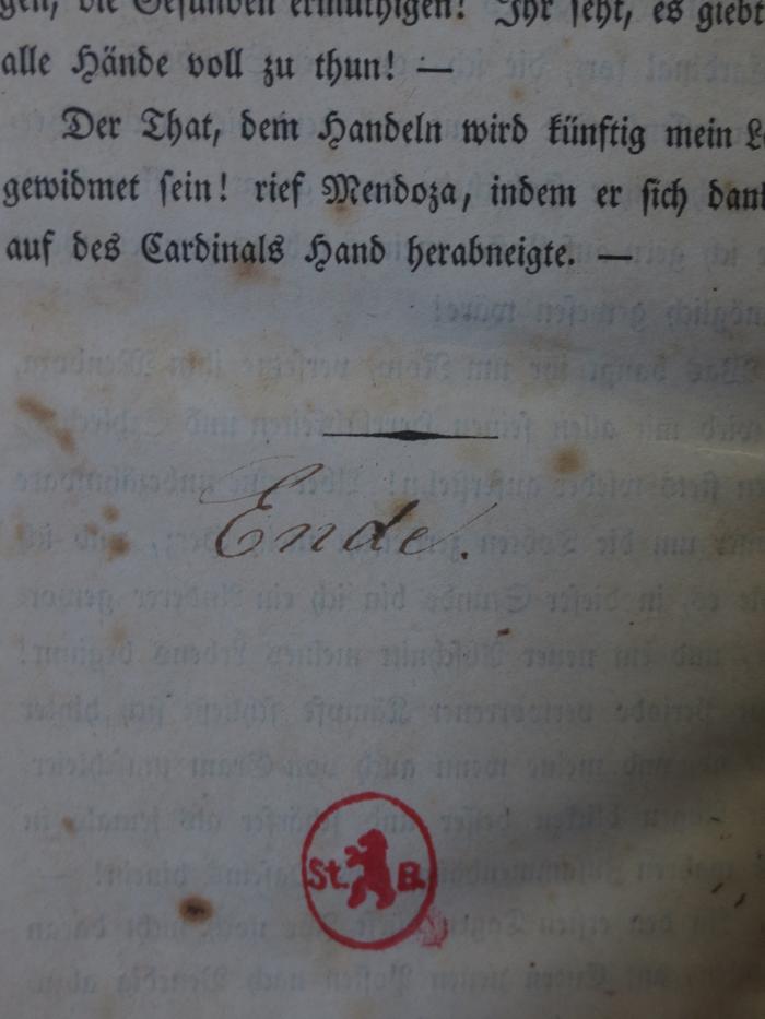Cm 2394 1.2.: Mendoza, der Vater der Schelme : Ein Roman (1847);- (unbekannt), Von Hand: Notiz; 'Ende.'. 