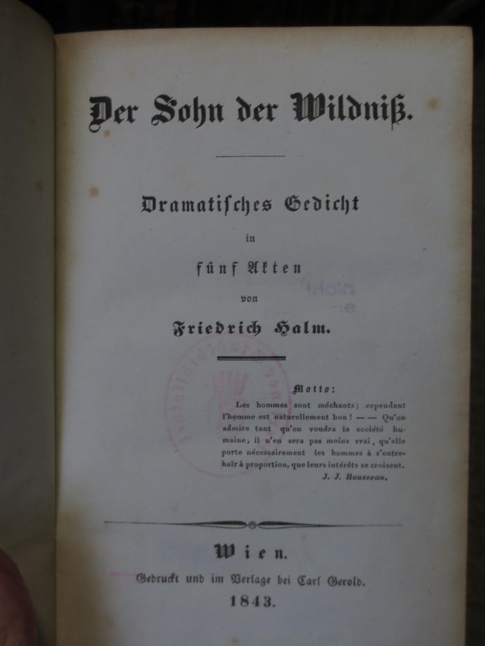 Cm 3404: Der Sohn der Wildniß : Dramatisches Gedicht in fünf Akten (1843)