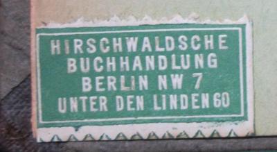 Ki 246 Ers.: Zur normalen und pathologischen Anatomie des Greisenalters (1938);G45 / 1532 (Hirschwaldsche Buchhandlung), Etikett: Buchhändler, Name, Ortsangabe; 'Hirschwaldsche Buchhandlung Berlin NW 7 Unter den Linden 60'.  (Prototyp);G45 / 1532 (Hirschwaldsche Buchhandlung), Von Hand: Preis, Nummer; '2.50 XI/38 3'. 