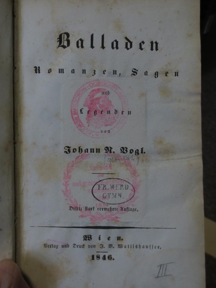 Cm 4371 c: Balladen : Romanzen, Sagen und Legenden (1846);- (unbekannt), Von Hand: Nummer; 'III'. 