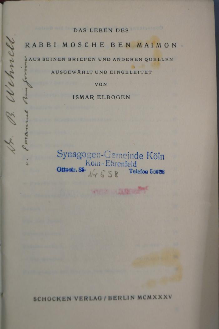 27A.001640 : Das Leben des Rabbi Mosche Ben Maimon : Aus seinen Briefen und anderen Quellen  (1935)