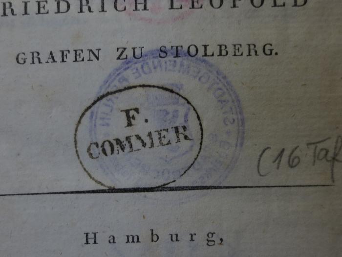 Cn 263: Vier Tragödien des Aeschylos (1802);- (Commer, Franz Alois Thedor), Stempel: Name; 'F. Commer'. 