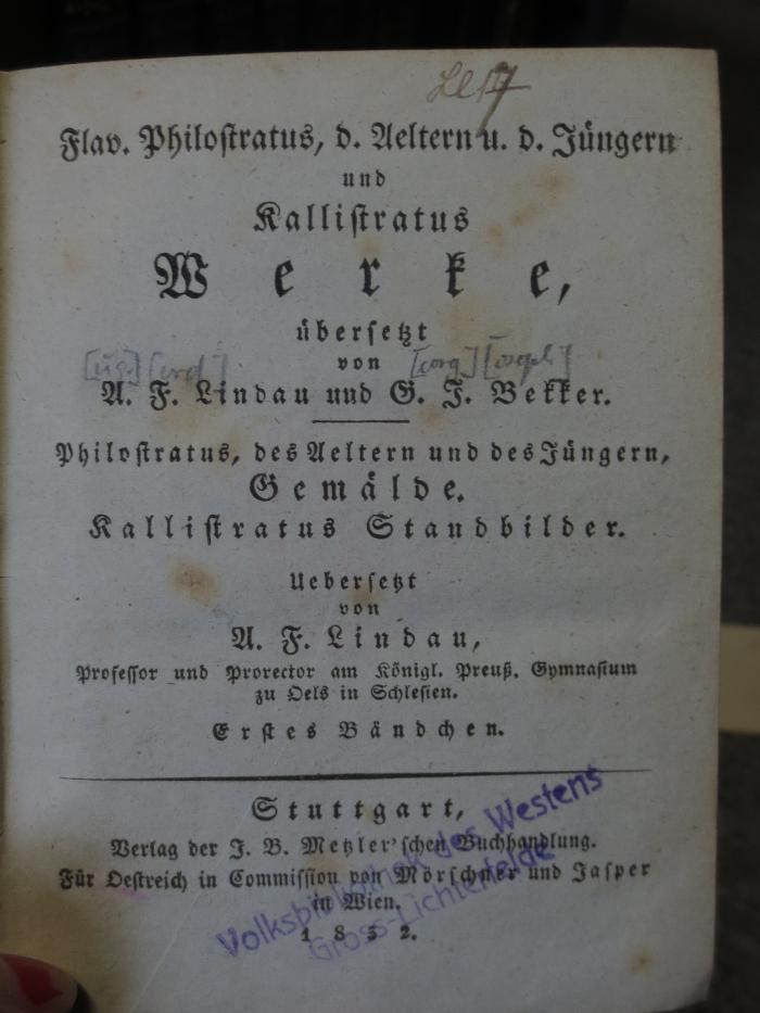 Cn 257 2: Flav. Philostratus, d. Aelten u. d. Jüngern und Kallistratus Werke : Erstes Bändchen (1832)
