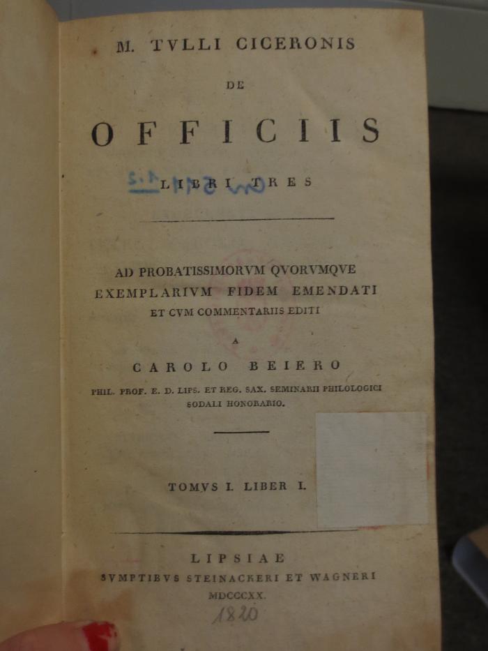 Cn 511 1.2: M. Tullius Ciceronis de Officiis : Libri Tres ([1820])