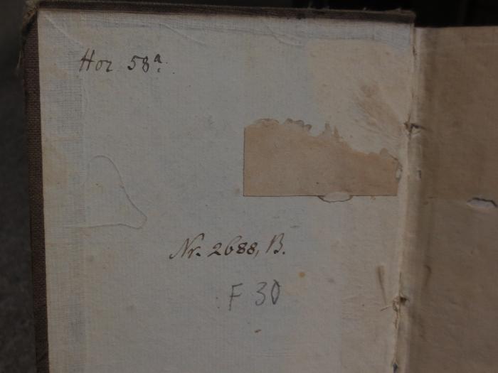 Cn 545 2: Quintus Horatius Flaccus Sämmtliche Werke : Zweiter Band : Satiren und Briefe (1817);- (unbekannt), Von Hand: Notiz, Nummer; 'Hor. 58 a.
Nr. 2b88, B.
F 30'. 