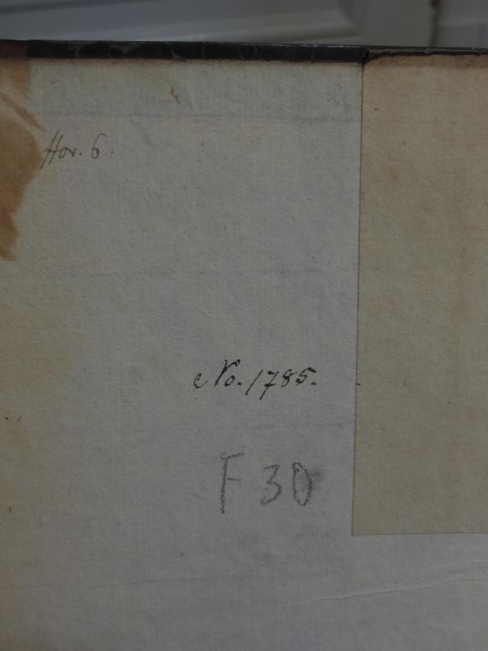 Cn 540: Fasti Horatiani (1839);- (unbekannt), Von Hand: Notiz, Nummer; 'Hor. 6. 

No. 1785.
F 30'. 