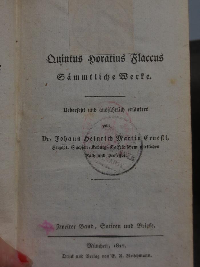 Cn 545 2: Quintus Horatius Flaccus Sämmtliche Werke : Zweiter Band : Satiren und Briefe (1817)
