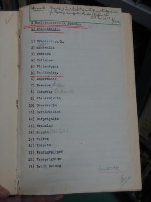 Bk 802 1891: Verzeichnis sämtlicher Ortschaften der Provinz Brandenburg (1891);G45II / 1562 (Königlich Preussisches Oberpräsidium;Oberpräsidium Charlottenburg), Von Hand: Annotation, Zeichen. ;G45II / 1562, Von Hand: Name, Datum, Notiz; 'Vermerk: Verzeichnis und N.No.46 verbleibt nach Rücksprache mit Herrn Regierungsoberinspektor Fischer ([?]) bei O.P. [???]. 17.  [?] 13.7.33.'