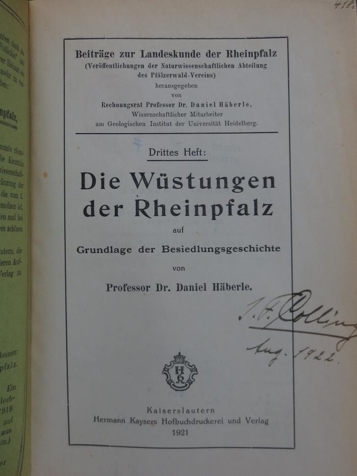 Bk 1340: Die Wüstungen der Rheinpfalz auf der Grundlage der Besiedlungsgeschichte (1921)