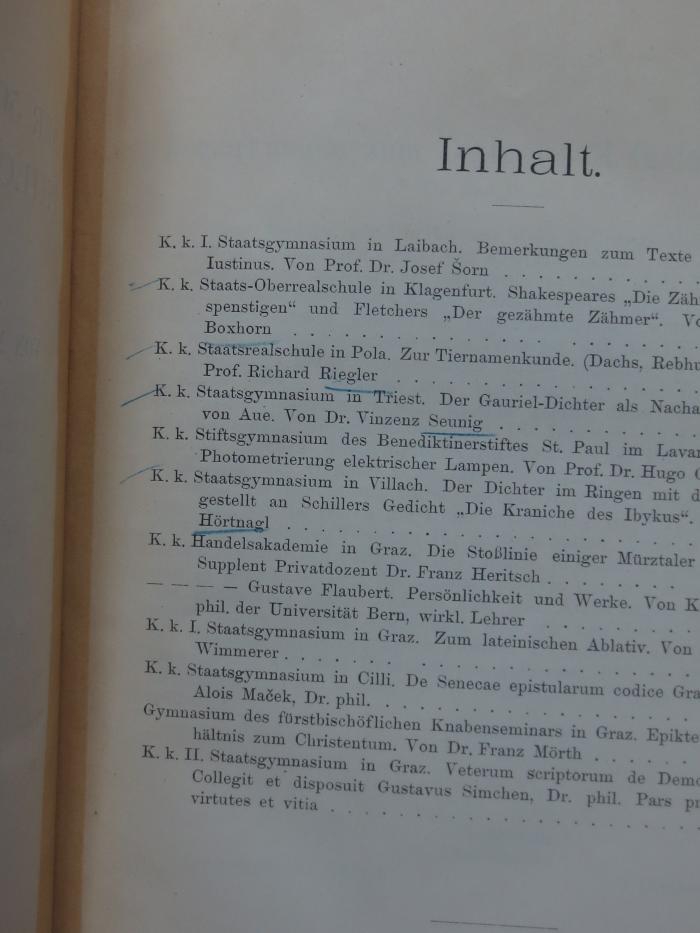 Ca 232: Festschrift der 50. Versammlung deutscher Philologen und Schulmänner : dargebracht von Mittelschulen der Kronländer Steiermark, Kärnten, Krain und Küstenland (1909);G45II / 2755 (unbekannt), Von Hand: Annotation. 