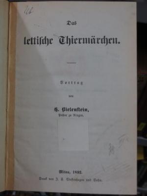 Cu 470: Das lettische Thiermärchen : Vortrag (1892);G45II / 2758 (unbekannt), Überklebt: -. 