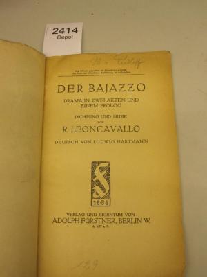  Der Bajazzo : Drama in zwei Akten und einem Prolog (1868)