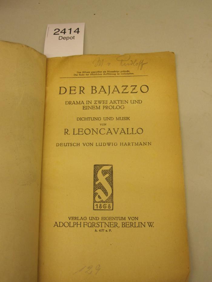  Der Bajazzo : Drama in zwei Akten und einem Prolog (1868)