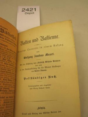  Bastien und Bastienne : deutsche Operette in einem Aufzug : vollständiges Buch