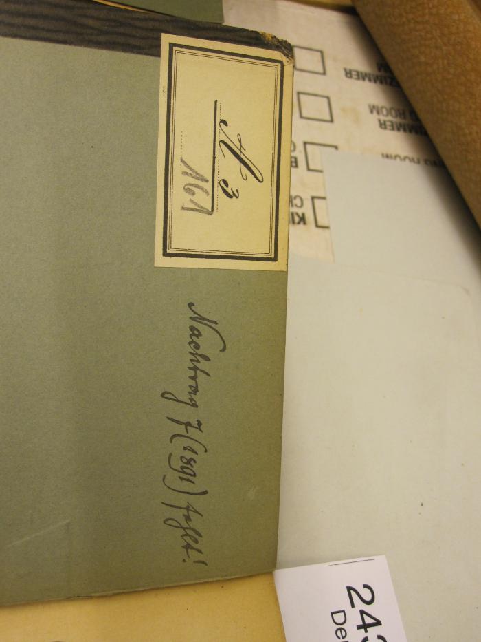  Jährlicher Nachtrag zu dem Katalog der Magistrats-Bibliothek (1885);-, Etikett: Signatur; 'A 3
161';-, Von Hand: Notiz; 'Nachtrag 7(1891) fehlt !'
