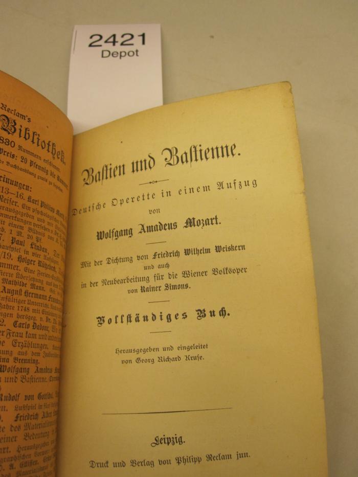  Bastien und Bastienne : deutsche Operette in einem Aufzug : vollständiges Buch
