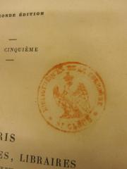 - (Schloss Saint-Cloud), Stempel: Name, Ortsangabe, Wappen; 'Bibliothèque de la couronne St Cloud'. 