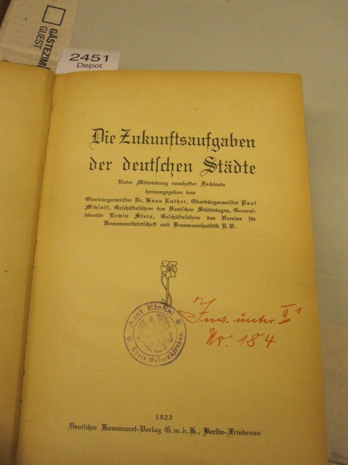  Die Zukunftsaufgaben der deutschen Städte (1922)
