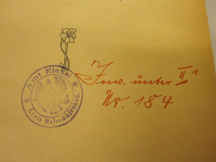  Die Zukunftsaufgaben der deutschen Städte (1922);-, Stempel: Besitzwechsel; 'Amt Eickel
Kreis Gelsenkirchen';-, Von Hand: -; 'Inv. [?] unter II 1
Nr. 184'