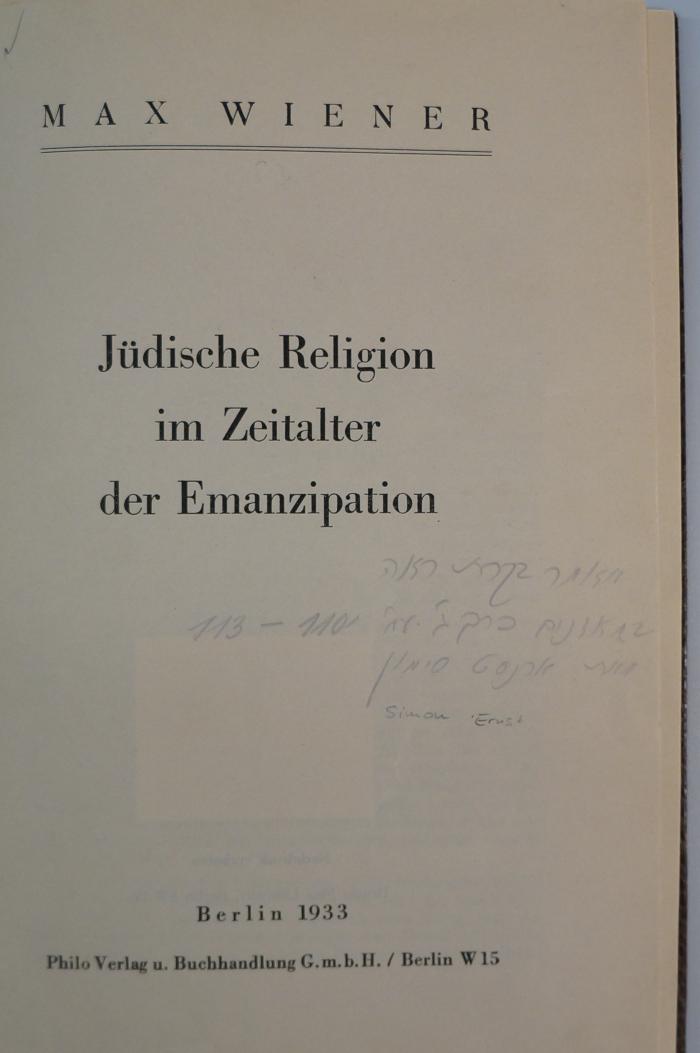 BD6830Wie : Jüdische Religion im Zeitalter der Emanzipation (1933)