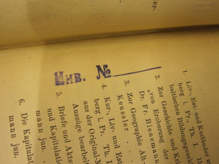  Mittheilungen aus dem Gebiete der Geschichte Liv-, Est- und Kurlands (1896);-, Stempel: Nummer; 'Inv. No'