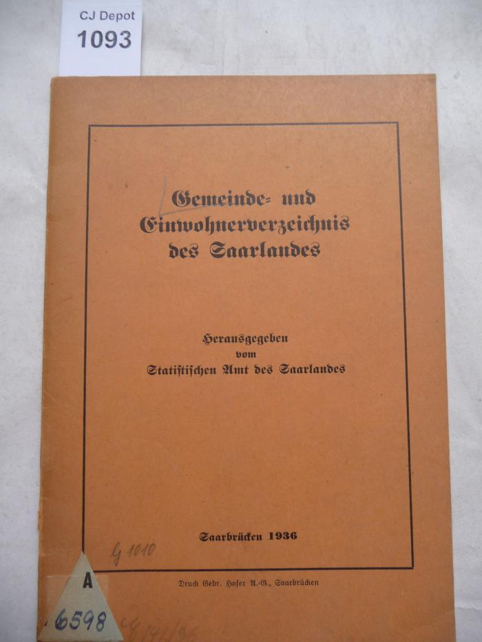  Gemeinde- und Einwohnerverzeichnis des Saarlandes. (1936)