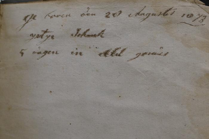 Asch1634 : מחזור עם כוונת הפייט

 (1750);- (Schenk, Yetye), Von Hand: Name, Datum, Notiz; 'geboren den 28 August 1873
Yetye Schenk
5 dagen in ellel gowies'. 
