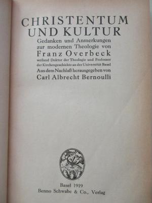 1 B 116 : Christentum und Kultur : Gedanken und Anmerkungen zur modernen Theologie (1919)