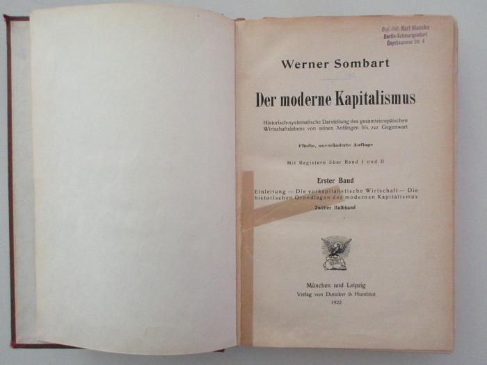 1 D 122&lt;5&gt;1,2 : Einleitung - Die vorkapitalistische Wirtschaft - Die historischen Grundlagen des modernen Kapitalismus (1922)