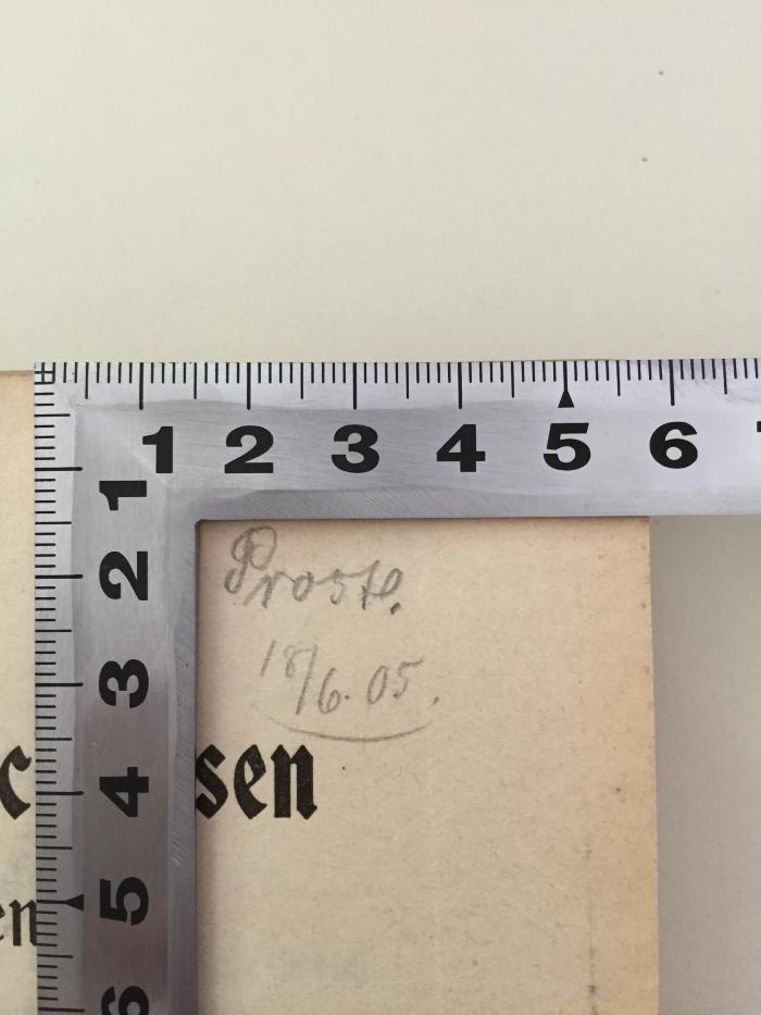 
1 C 188 : Das Grundbuchwesen in Preussen : Hand- und Nachschlagebuch für Studium und Praxis ... (1905);- (Prost, [?]), Von Hand: Name, Nummer; 'Proste.[?]
18/6.05'. 