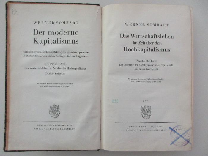 1 D 122-3,2 : Der Hergang der hochkapitalistischen Wirtschaft - Die Gesamtwirtschaft (1927)
