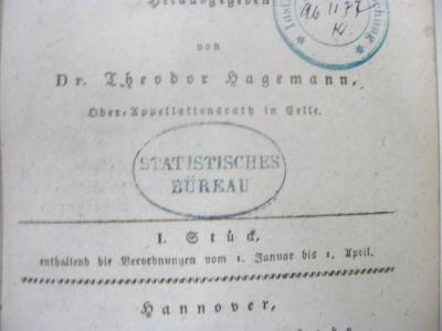 - (Königlich Preußisches Statistisches Bureau), Stempel: Name; 'Statistisches Büreau'.  (Prototyp)