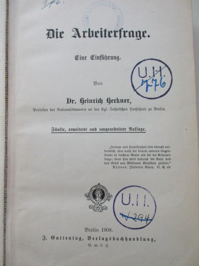 1 D 16&lt;5&gt; : Die Arbeiterfrage : eine Einführung (1908)