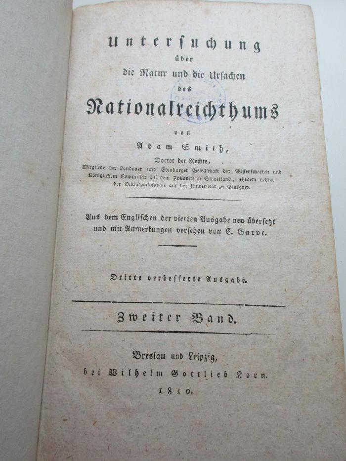 1 D 307&lt;3&gt;-2 : Untersuchung über die Natur und die Ursachen des Nationalreichthums (1810)