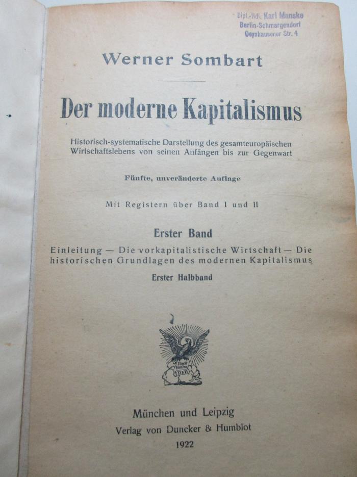 1 D 122&lt;5&gt;-1,1 : Einleitung - Die vorkapitalistische Wirtschaft - Die historischen Grundlagen des modernen Kapitalismus (1922)