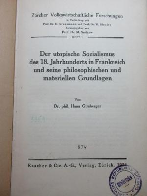 88/80/40861(0) : Der utopische Sozialismus des 18. Jahrhunderts in Frankreich und seine philosophischen und materiellen Grundlagen (1924)
